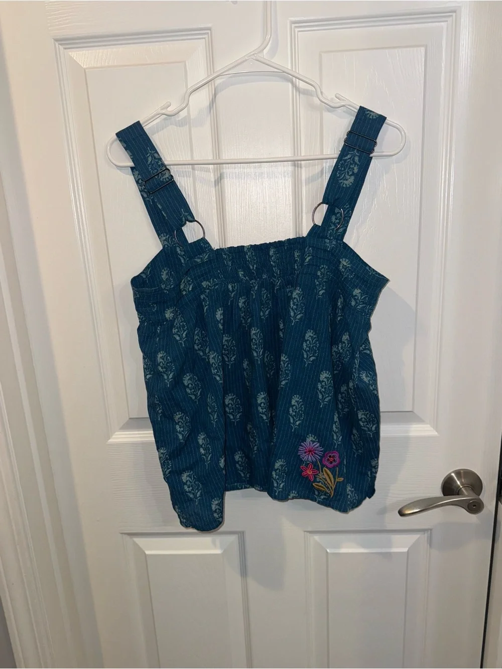 Anthropologie Teal Blue Floral Embroidered Tank Top